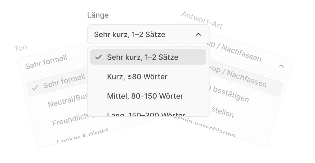 Benutzeroberfläche mit dynamischem Prompt zur E-Mail-Antwort – inklusive Auswahl von Sprache, Ton und Stil sowie Eingabefeldern für empfangene Nachricht und Antwortinformationen