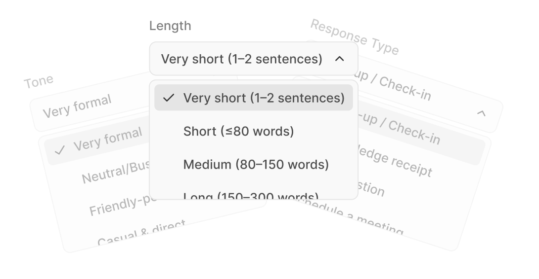 Interface showing a dynamic email reply prompt with selectable language, tone, and style, plus input fields for the received message and reply information