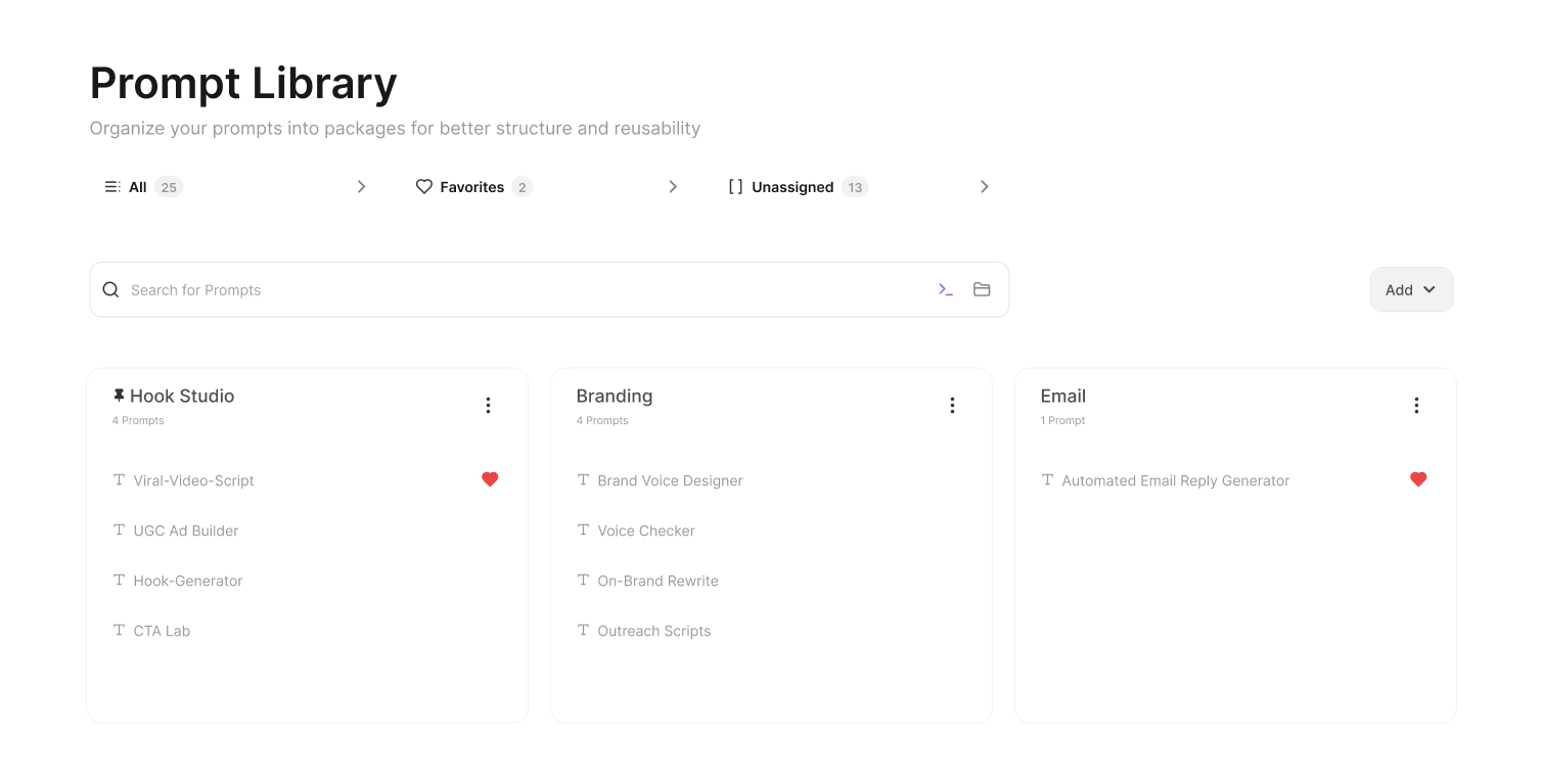 Prompt Library Interface showcasing various prompt templates and categories