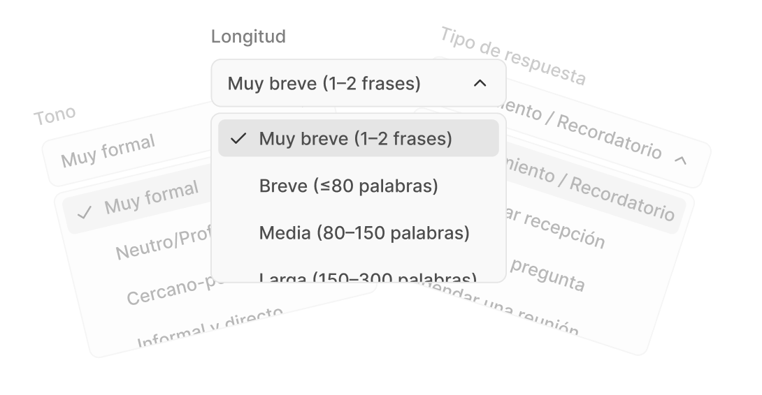 Interfaz que muestra un prompt dinámico para responder correos electrónicos con selección de idioma, tono y estilo, además de campos para el mensaje recibido y la respuesta