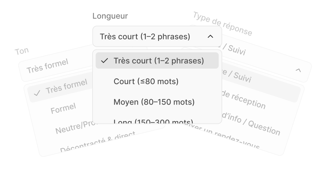 Interface montrant un prompt dynamique de réponse à un e-mail avec sélection de la langue, du ton et du style, ainsi que des champs de saisie pour le message reçu et les informations de réponse