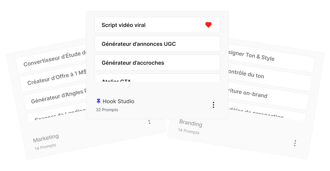 Interface de bibliothèque de prompts avec structure de dossiers et prompts catégorisés